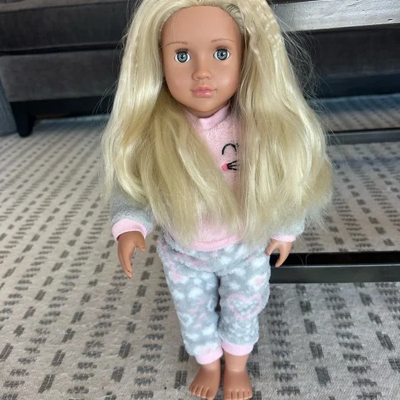 Our Generation 18” Doll wearing Pink & Gray Cozy Cat Pajamas - Picture 4 of 8